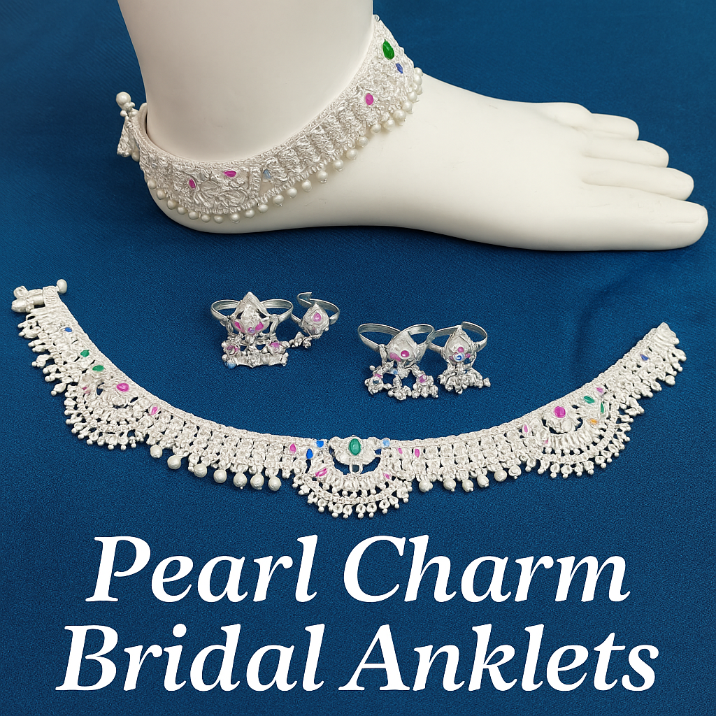 SNJ Silver Pearl Charm Anklets
