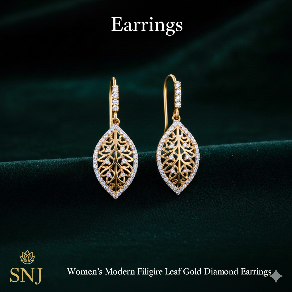 Women’s Modern Filigree Leaf Gold Diamond Earrings